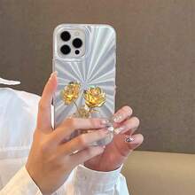 Golden Rose Stem Two Blooms Luxury Elegance-Angle-Changeable Firework Phone Case|Multi-Dimensional Sparkle Effect |Anti-Slip, Shockproof For IPhone [X/11/12/13/14/15/16 Pro Max], Girls Aesthetic Accessories - White - View 6