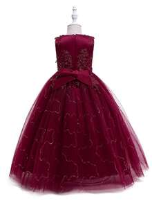 Flower Girls Tulle Lace Princess Pageant Festival Bridesmaid Carnival Floor Long Prom Dance Formal Evening Maxi Dresses - Màu Đỏ Sâu - Xem 5