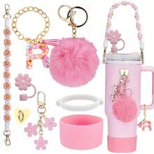 8 件适用于斯坦利杯装饰配件，8-9 毫米吸管盖，硅胶靴 30 40 盎司兼容斯坦利杯，女孩圣诞礼物，DIY 礼物创意装饰，感恩节装饰，朋友礼物装饰，圣诞派对装饰，适用于斯坦利配件，圣诞杯 - 粉紅色26字母 - 查看 9