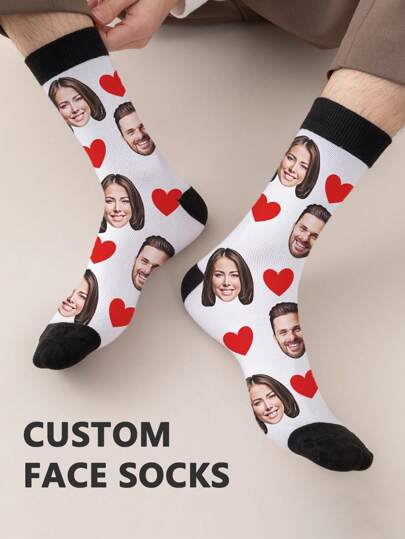 1 paire de chaussettes personnalisées pour hommes avec n'importe quel visage. Chaussettes photo personnalisées avec image personnalisée intéressante pour couple, hautes et couvrant la cheville. Convient pour la Saint-Valentin, les anniversaires et les cadeaux