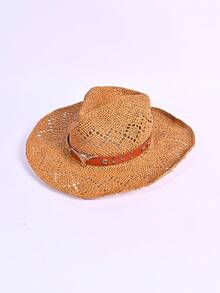 1pc Unisex Wide Brim Straw Hat, Western Cowboy Sun Hat, Summer Beach Sun Cap, Durable Foldable Design - MZ3082+ML42 - View 6