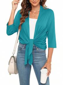 Lightweight Summer 3/4 Sleeve Cardigan Women Casual Draped Tie Front Cardigans Fall Shrugs High Low Hem - B03-棕花黑-3/4袖 - 查看 6