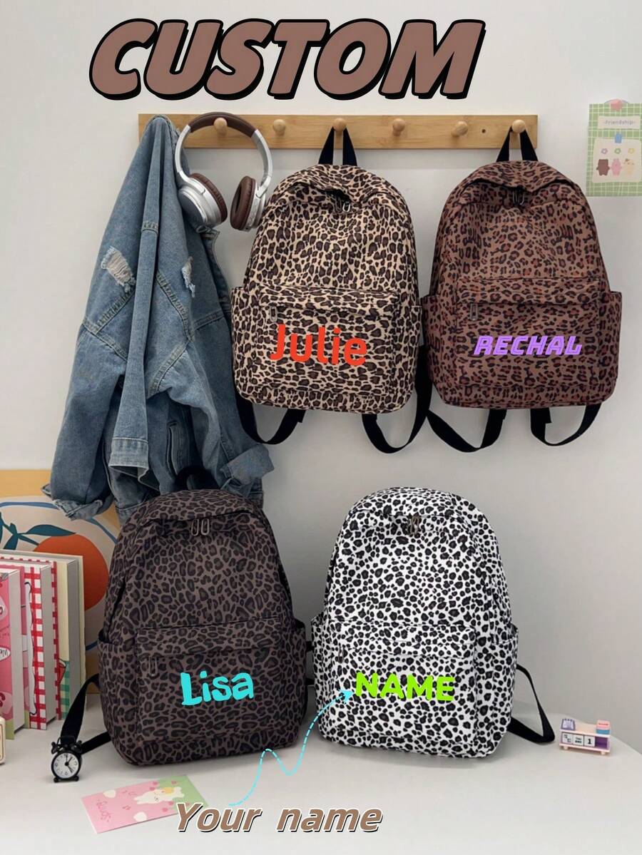 Personalized Leopard Print Backpack, Featuring Eye-Catching Leopard Print In A Variety Of Colors (Classic Brown, Cool Black And White, Etc.). Add Your Name (Or Any Text), Spacious Main Compartment And Front Pocket To Store Books, Electronics, Makeup And Daily Essentials. Comfortable Straps Ensure Long-Term Use. Perfect For School Days, Travel, Commuting Or Going Out. - Multicolor - View 1