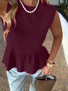 FOR BEAUTY Women's Knit Sleeveless Tank Top, Casual Minimalist Style, Solid Color, Back To School Essential, Spring/Summer - Burgundy - View 2