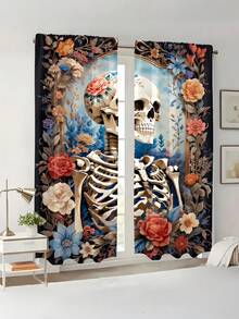 2 件骷髅图案半遮光窗帘，数码印花涤纶，带杆套，可水洗，适用于客厅、卧室、厨房、墙面装饰，四季皆宜 - 彩色 - 查看 2