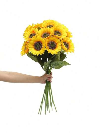 6支逼真向日葵花茎，适合DIY手工和家居装饰 - 栩栩如生的盛开人造花，室内/室外均可使用，可用于新娘捧花、桌面装饰、情人节、礼物、手工制作的长茎向日葵，大型仿真向日葵装饰，适用于户外家居、婚礼、生日派对、感恩节等场合。