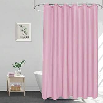 Cortina de ducha impermeable y a prueba de moho de color rosa, de material de tela, antibacteriana y lavable, con 12 anillos de cortina para decoración de baño