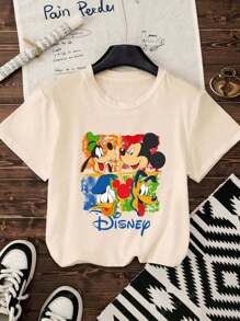 Disney Women's New Round Neck Short Sleeved Summer, Casual Cartoon Pattern Printed Round Neck T-Shirt, Sweet And Gentle Temperament, Slim And Comfortable Summer Tops, Suitable For Daily Casual Wear, Graphic Tees Women,Summer Outfits For Women