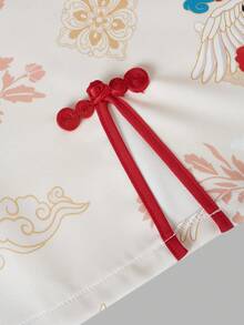 Floral & Leaf Print Slit Zipper Contrast Trim Cheongsam