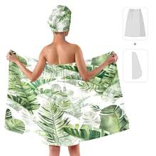 2 件热带叶印花浴袍和毛巾套装，女士吸水速干，柔软舒适淋浴裹巾，可调节腰带，适合美容院、家庭浴室等场合