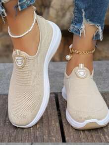 Plus Size Women's Summer Breathable Casual Shoes, Soft Sole Slip-On Shoes - Khaki - View 2