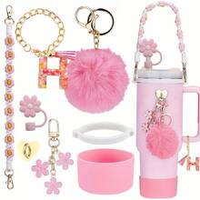 8 件适用于斯坦利杯装饰配件，8-9 毫米吸管盖，硅胶靴 30 40 盎司兼容斯坦利杯，女孩圣诞礼物，DIY 礼物创意装饰，感恩节装饰，朋友礼物装饰，圣诞派对装饰，适用于斯坦利配件，圣诞杯 - 粉紅色26字母 - 查看 18