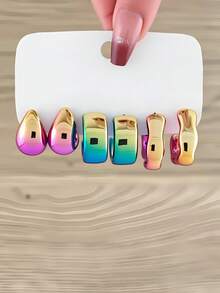 6pcs/12pcs Set Fashionable Minimalist Creative Personalized C-Shaped Water Drop Twisted Hoop Earrings, Ombre Spray Paint Candy Color C-Shape Bead Earrings (Minor Color Difference May Exist) - Multicolor - View 8