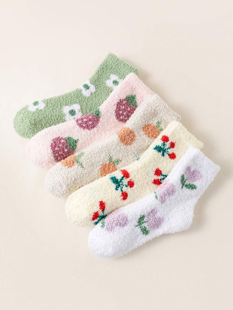 5pcs/Pack Cherry Fruit & Flower Print Coral Fleece Warm Sleeping Socks For Women, Comfortable Skin-Friendly Cute Fashionable Mid-Calf House Socks, Suitable For Spring, Autumn & Winter Seasons, For Home, Office & Leisure Wear, Cozy - Multicolor - View 1