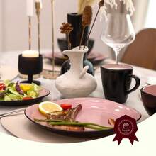 [Elegant Stoneware Dinnerware] 16pcs Elegant Square Black And Rose Stoneware Dinnerware Set For 4, Lead-Free & Scratch Resistant, Dishwasher & Microwave Safe, Includes Plates Bowls & Mug, Ideal For Holiday Entertaining, Daily Dining Use - Black and Rose - View 3