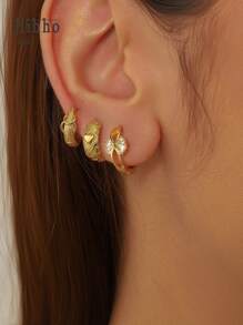Hihho Set de 6 piezas de pendientes de aro con textura dorada y zirconia brillante, pendientes de perla, set de pendientes de cobre enchapado, adecuado para múltiples perforaciones