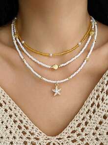 3pcs Summer Seaside Beach Style Starfish & Shell Necklace, Suitable For Women's Daily Accessories, Vacation, Dating, Gifts - Multicolor - View 3