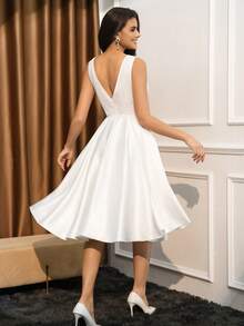 女士新娘礼物派对礼服，蕾丝无袖V领拼接缎面中长款优雅晚礼服，情人节 - 白色 - 查看 2