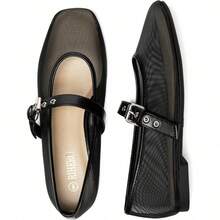 Rihero Zapatos Elegantes De Mujer Mary Jane Flats Breathable Mesh Square Toe Adjustable Buckle Strap Ballet Shoes Cushioned Insole All Day Comfort - 黑色 - 查看 5