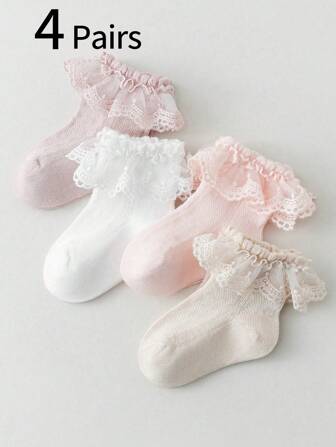 4 pares de calcetines elegantes con adorno de encaje para niñas - Blanco, con estampado floral, mezcla de poliéster, perfectos para ballet y uso casual, comodidad para todo el año, calcetines de ballet|Calcetines de encaje floral|Textura de punto