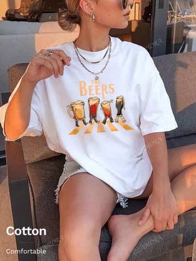 T-shirt da donna in cotone a coste, stampa con una simpatica sfilata di birra, stile college, per la primavera e l'estate, nuova maglietta sportiva da donna, morbida e traspirante, a maniche corte, bianca.