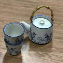 Vintage Japanese Handle Teapot Hand-Painted Household Cold Water Teapot Brewing Teapot Retro Rough Pottery Tea Cup Tea Set (1set, 450ML)
