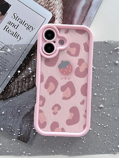 1个时尚草莓豹纹粉色哑光防摔手机壳，兼容三星、 17/16/15/14/13/12/11/XS Max/X/XS/XR/7 Plus/8 Plus/7/8/S21/22/23/24/25