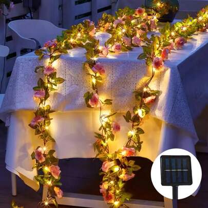 1pc 20 LED 2M Champagne Rose Flower Solar Powered Copper Wire Fairy String Lights, 8 Lighting Modes, Solar Powered, Suitable For Garden, Patio, Porch, Wedding Party Decor