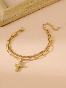 1pc Gold Double Heart Chained Bracelet - 金色 - 查看 4