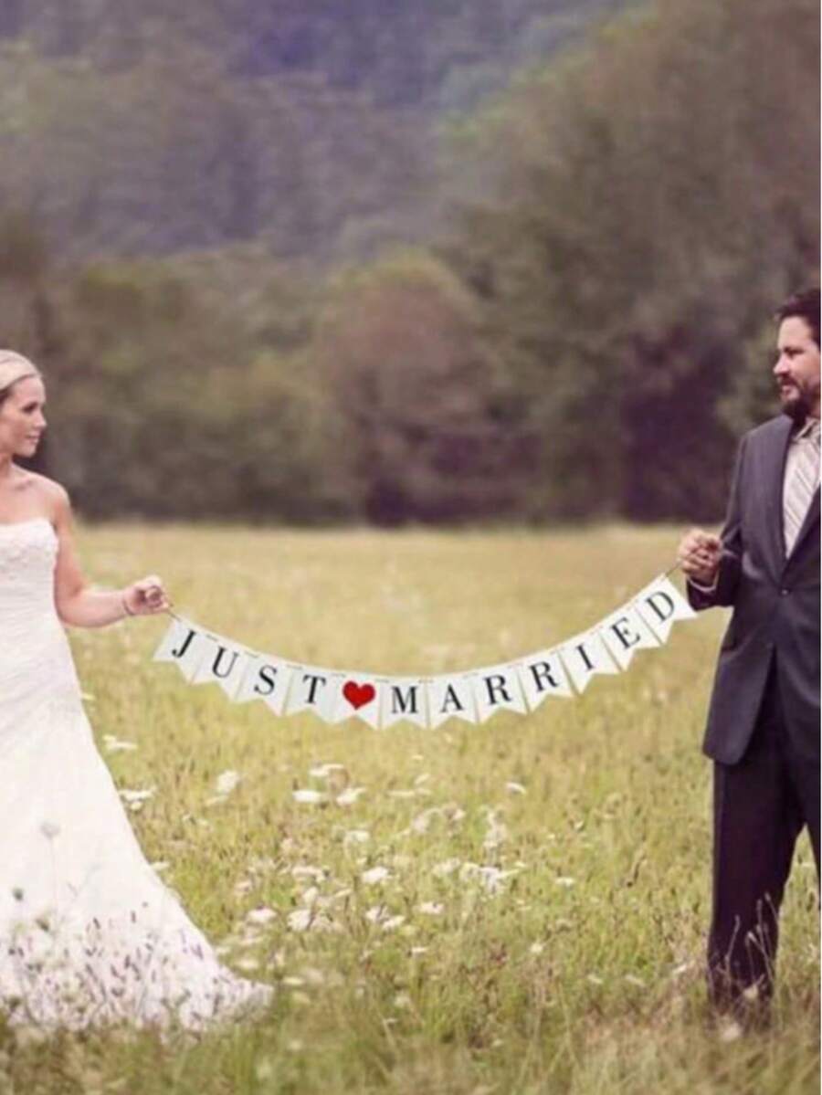"1pc Wedding Decorative Banner With ""Just Married"" Lettering And Ribbon Tail In White" - White - View 1