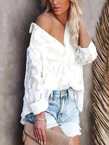 Plus Women's Floral Print Chiffon Long Sleeve Button Up Blouse - White - View 2