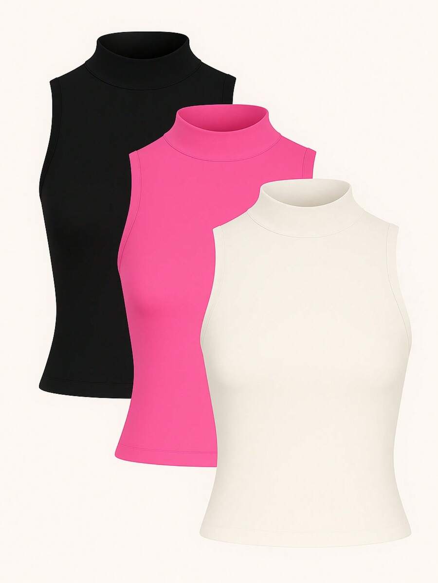 Kit 3 High Neck Blouse Suplex Basic Women's Casual Tank Top - 黑色/粉紅色/關閉 - 查看 1