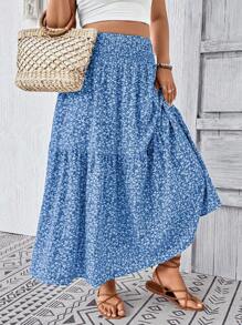 Plus Size Fall Blue Ditsy Floral Long Skirt For Women