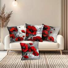 4pcs Pillowcase Set, Oil Painting Art, Large Red Peony And Other Decorative Patterns, Perfect Choice For Home And Outdoor Holiday Decoration, Single-Sided Printing, No Pillow Core