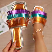 Women Sandals Bold Color Block Flat Slides Everyday Comfort Wear - Orange - View 3