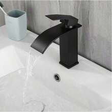 1pc Nordic Black Copper Basin Faucet, Waterfall Style Single Hole Cold & Hot Tap For Bathroom Vanity