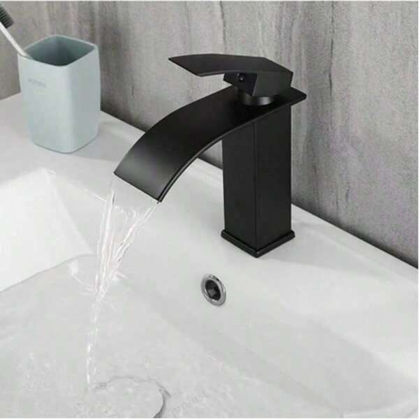 1pc Nordic Black Copper Basin Faucet, Waterfall Style Single Hole Cold & Hot Tap For Bathroom Vanity
