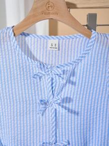 2pcs Girls Fashion Striped Ruffle Blouse + Casual Wide Leg Pants Outfit Set