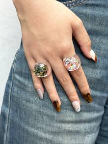 1 件/2 件梦幻绝对彩色渐变树脂透明不对称纹理闪光戒指，适合女性日常休闲装装饰和赠送朋友