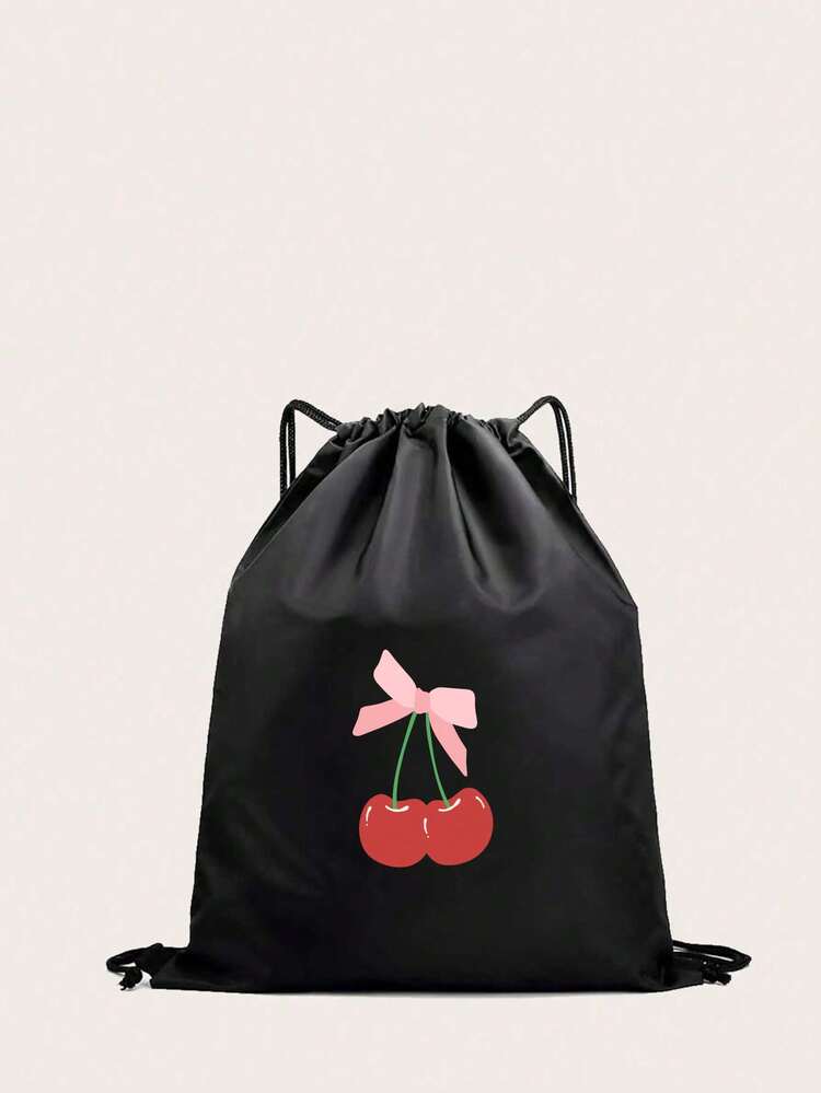 1个可爱卡通樱桃/蝴蝶结印花抽绳背包，带口袋，涤纶材质，男女通用，大容量运动背包，篮球包，适合运动和户外活动。 - 黑色 - 查看 1