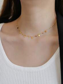 Nooxian 1pc Fashionable Stainless Steel Necklace For Women, Minimalist Geometric Cube Tassel Pendant Sweater Chain (Pendant Quantity Random) - Yellow Gold - View 8