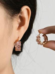 1pair Cubic Zirconia Women's Earrings, Minimalist Fashion Ear Hoops Charming Unique Design Daily Jewelry Birthday Gift - 粉色 - 查看 5