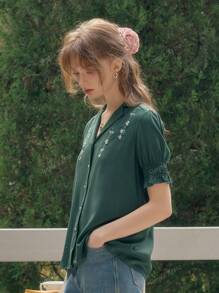 Simple Retro Blusa de verano con estilo retro elegante con botones encontrados, bordados y mangas cortas, para mujer, ideal para uso casual o de vacaciones durante la primavera y el verano