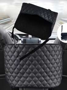 1pc Large Capacity PU Leather Car Seat Storage Bag, Expandable Hanging Organizer Bag With Multiple Pockets, Suitable For Vehicle Interior Accessories, Purse Holder, Wallet Clip, Pet Barrier - Black Quilted Design, Car Organizer