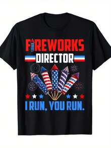 Camiseta Patriótica del 4 de Julio para Hombres - Gráfico "Director de Fuegos Artificiales Si Yo Corro, Tú Corres", 180g 100% Algodón, Diseño de Bandera Americana, Cohetes y Estrellas, Camiseta Casual de Manga Corta para Celebraciones del Día de la Independencia, BBQs, Desfiles y Fiestas en la Playa, Atuendo de Celebración| Camiseta Gráfica Festiva| Ropa cómoda de algodón, ropa con la bandera estadounidense - Negro - Ver 1