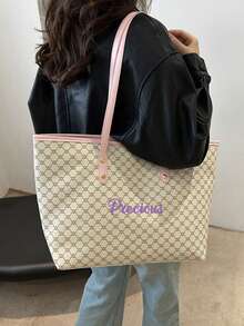 2 件女士个性化刺绣菱形格子单肩包和手拿包套装，时尚百搭大容量手提包，适合上班通勤，便携式购物收纳包，可定制为婚礼、母亲节、情人节、圣诞节、生日礼物 - 彩色 - 查看 9