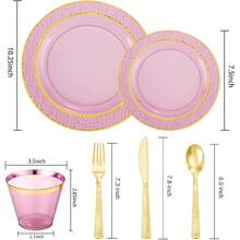 150PCS Clear Black Plastic Plates - Gold Party Plates - Black And Gold Dinnerware Set Include: 50 Plate, 25Cups, 25Forks, 25Knives, 25Spoons For New Year & Party & Father's Day - Purple - View 6