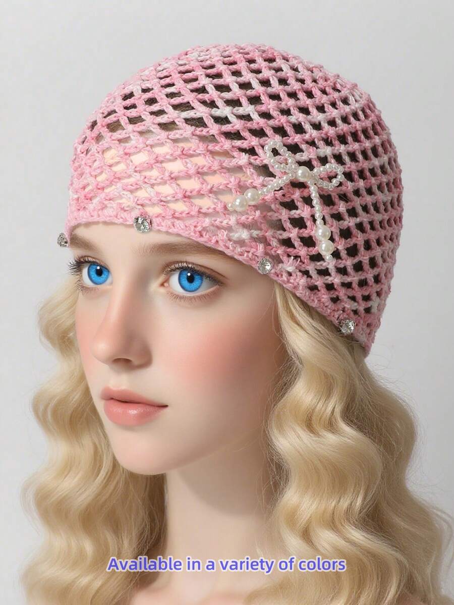 Gorro de mujer para primavera y verano, tejido a mano con diseño de malla calada, adornado con cristales, perlas y lazo, elegante y transpirable. Sombrero tejido fino y versátil con pañuelo decorativo - Sombrero tejido - Ver 1