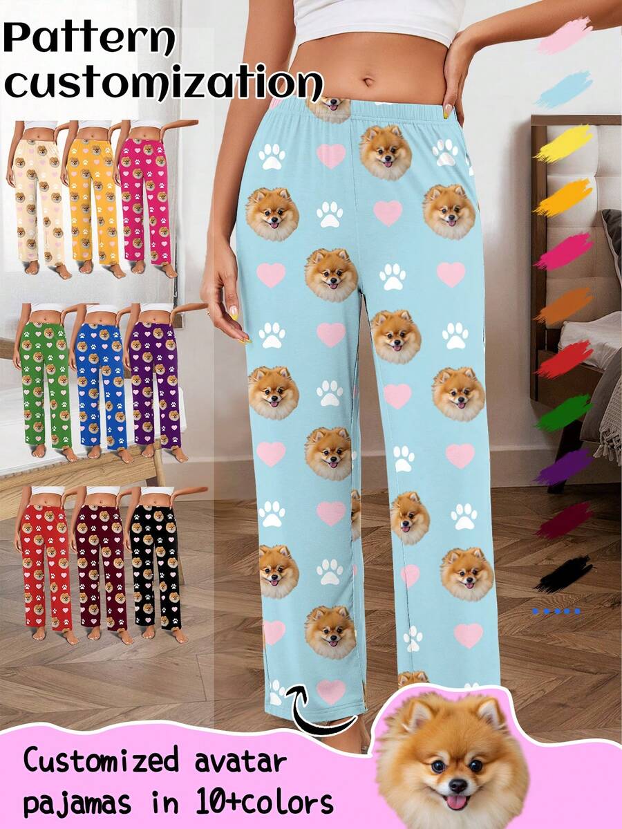 Printstory Customized Women's Blue Pajama Pants With Personalized Pet Portrait - Blue - View 1