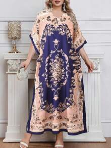 1 chiếc đầm maxi dáng rộng thoải mái dành cho nữ cỡ lớn - Chất liệu pha trộn giữa polyester và elastane, kiểu dáng Trung Đông, vải không xù lông, họa tiết in toàn thân, không có cạp chun, cổ chữ V, đầm maxi xẻ tà, thích hợp mặc mùa xuân. - Nhiều màu - Xem 4